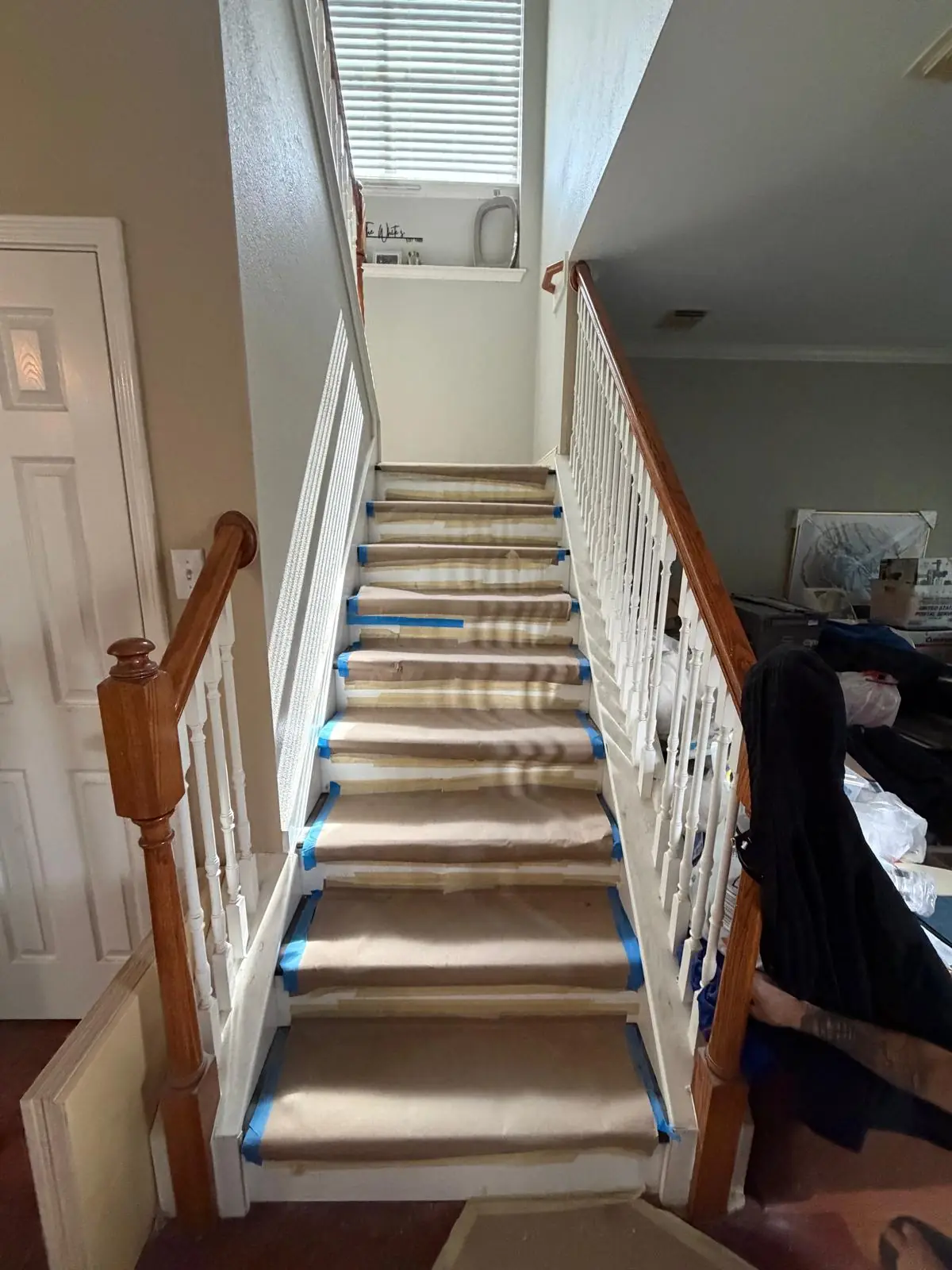 Carpeted stairs to wood-look treads: In progress